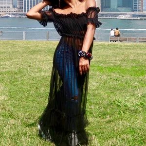 Sheer Pleated Off Shoulder Ruffles Dress